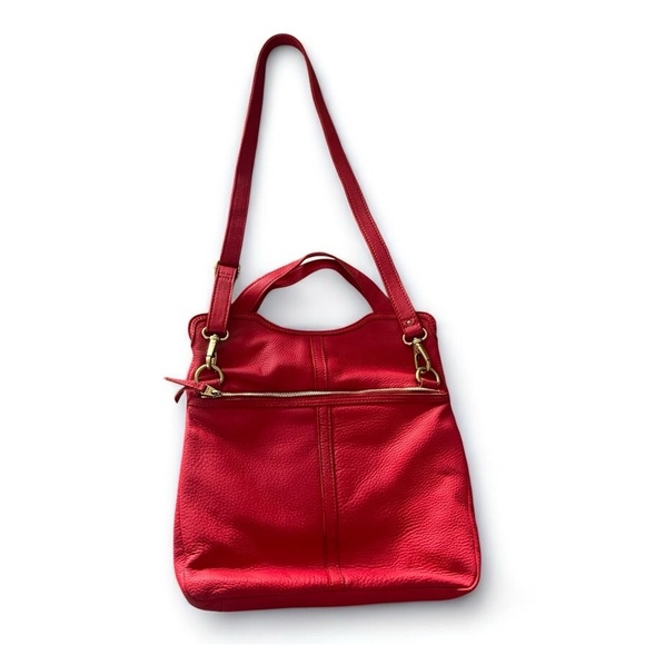 Fossil Erin Red Leather Foldover Crossbody Tote Bag Pockets Adjustable Strap - Picture 6 of 12
